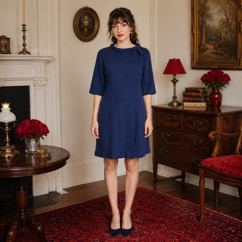 60s VTG Berkshire Royal Blue Wool Blend Shift Dress Drop Waist Tie Neck Mod - L